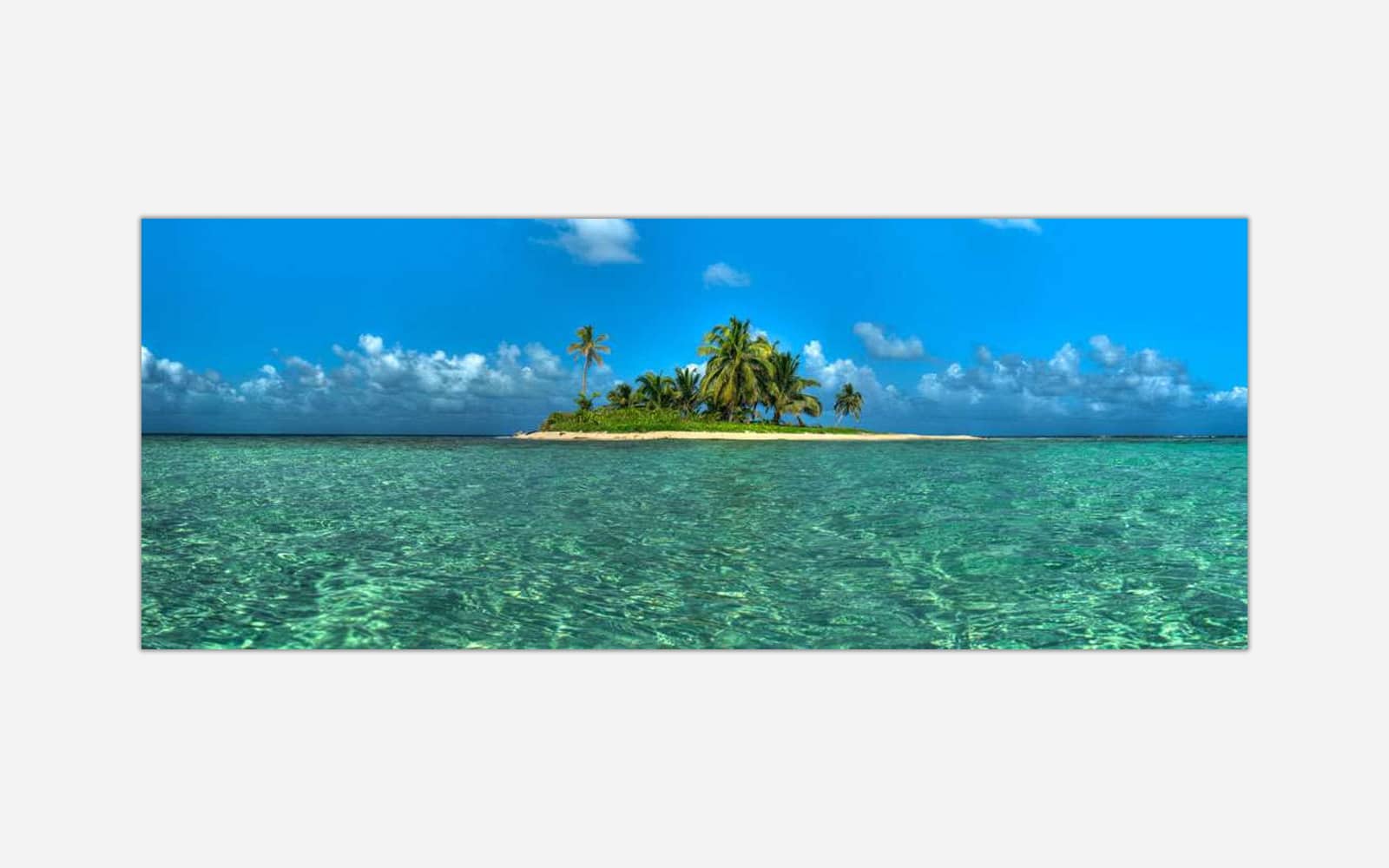 Barefoot-Perfect A vibrant art piece featuring a small tropical island with palm trees surrounded by crystal clear turquoise waters under a blue sky with fluffy clouds.