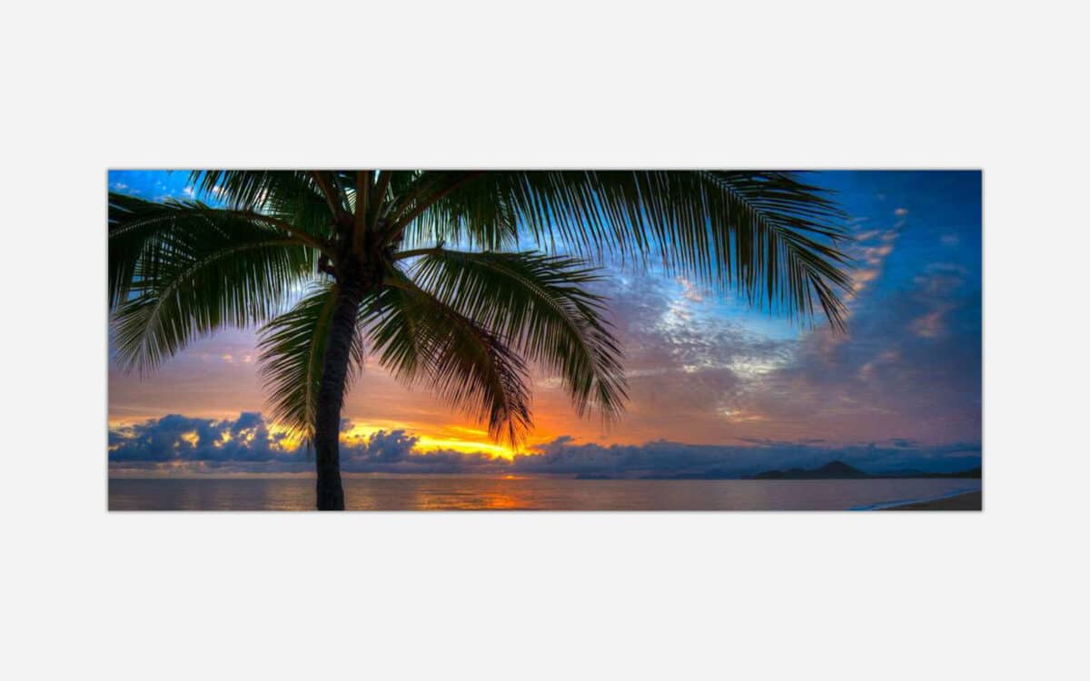 Art image depicting a vivid sunset over the ocean with a silhouette of a palm tree in the foreground.