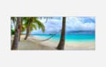 A panoramic artwork of a tranquil beach scene with a hammock tied between two palm trees, turquoise ocean water, white sand, and a cloudy sky.
