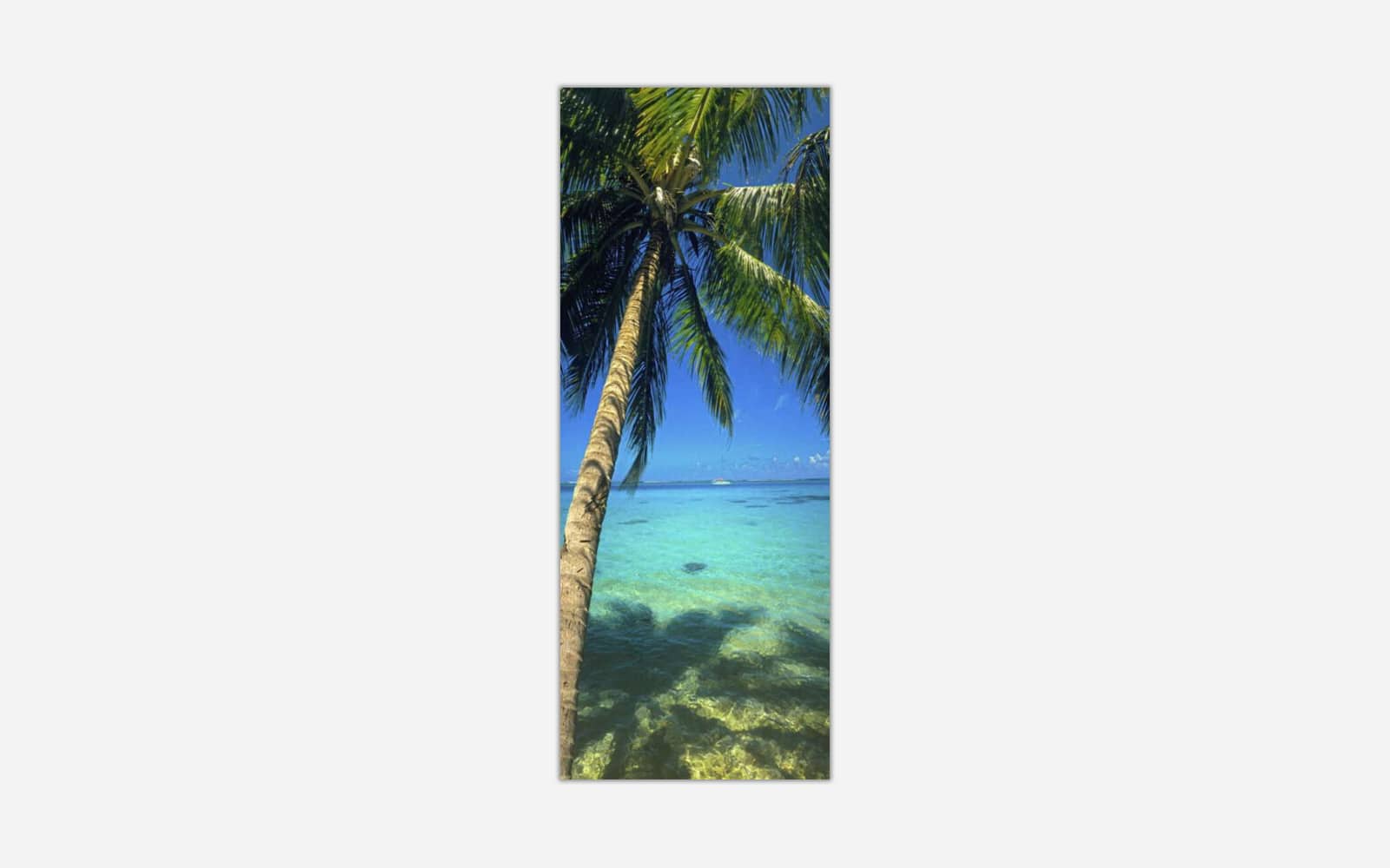 Latitudes A vertical art piece depicting a singular palm tree leaning over clear turquoise ocean waters with a blue sky in the background.
