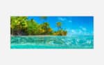Alt text: Artistic representation of a tropical paradise with clear turquoise waters, white sandy shoreline, and dense palm trees under a bright blue sky.