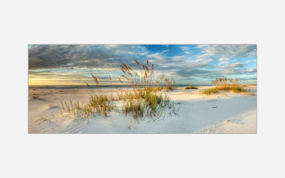 A panoramic artwork of a serene beach scene with sand dunes, beach grass, a calm sea in the distance, and a cloudy sky in warm tones.