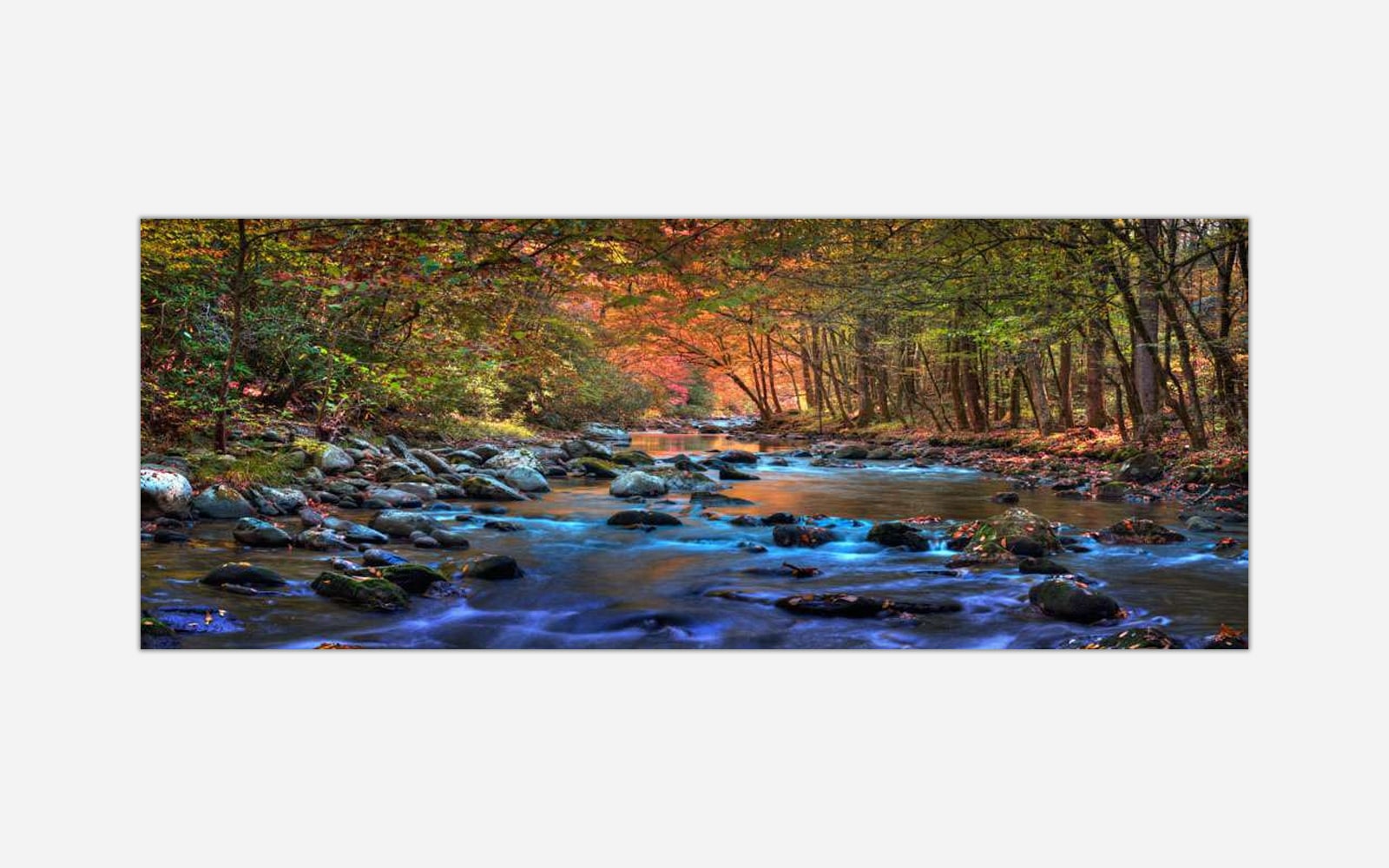 Seasons End (1) A photographic print depicting a serene autumn landscape with a flowing stream surrounded by colorful trees and scattered rocks.