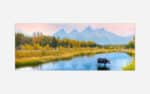 A panoramic photograph of a moose standing in a river with autumn-colored trees and a mountain range in the background at dusk.