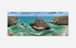 A panoramic art piece depicting a vibrant seascape with sea cliffs, turquoise waters, and waves crashing against rocks.