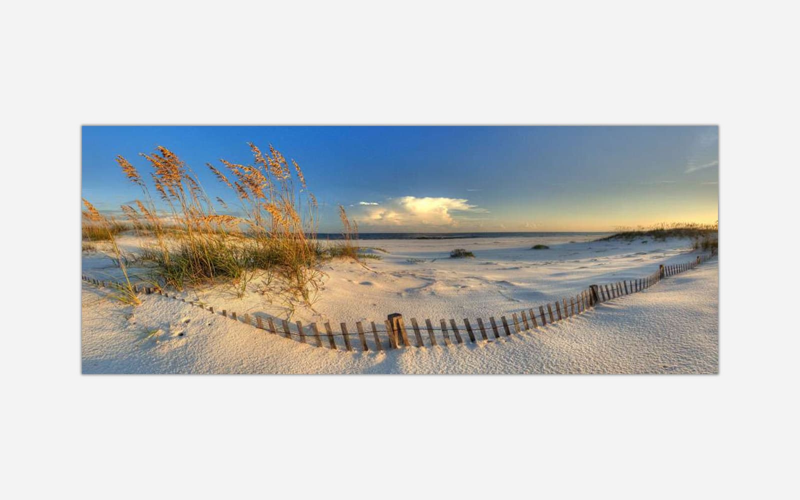 Summer End (1) An image of a serene beach scene with sea oats, a wooden fence, white sandy dunes, and a beautiful sunset sky.