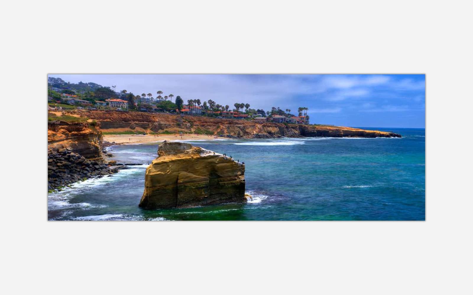 Sunset Cliffs (1) A vibrant painting of a coastal seascape featuring cliffs, a sandy beach, and waves rolling into the shore under a partly cloudy sky.