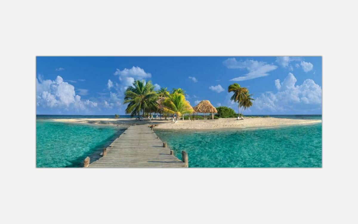 A vibrant art piece depicting a wooden pier leading to a small tropical island with palm trees, a thatched hut, and a clear turquoise ocean under a blue sky with fluffy clouds.
