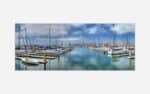 A painting of a serene marina with multiple docked boats under a cloudy blue sky.